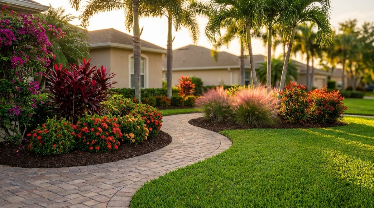 Florida-friendly bed design with curved paver walkway