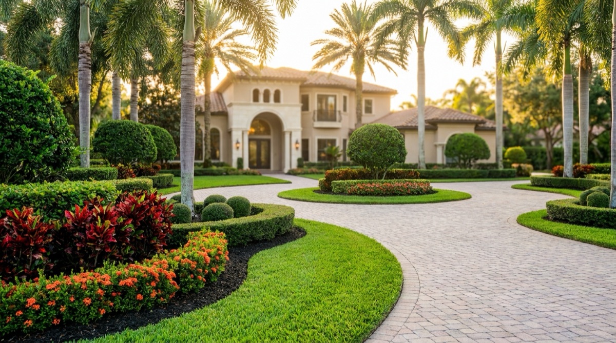 Front yard transformation with mature palms and layered planting beds