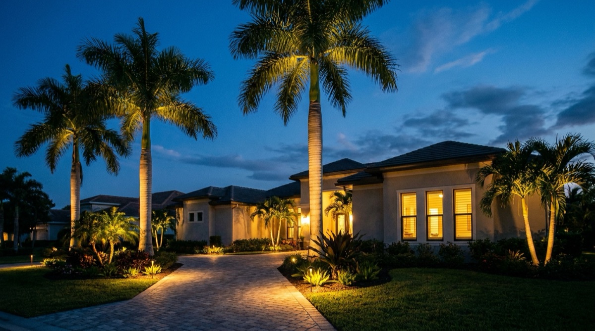 Landscape lighting install with pathway and uplighting