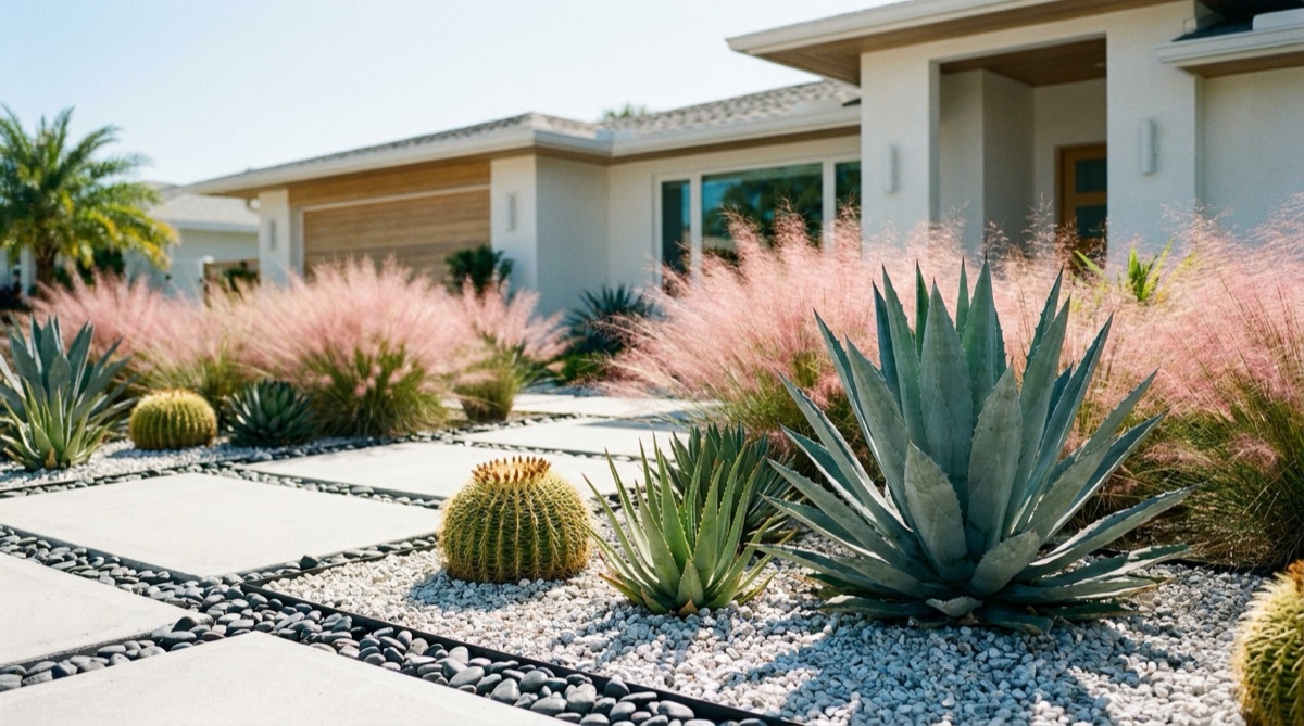 Low-water xeriscape front yard with decorative rock