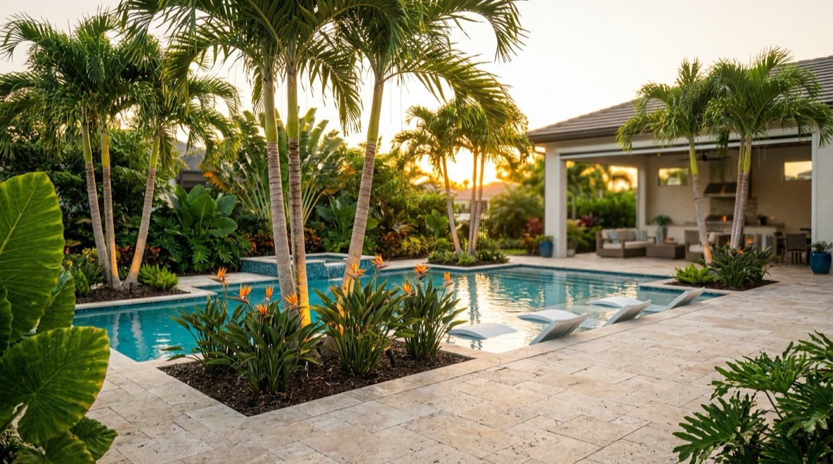 Pool surround renovation with tropical plantings and lighting