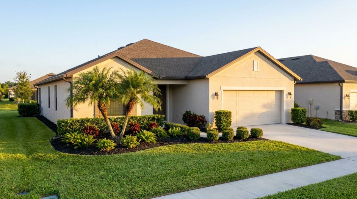 Residential front yard with new beds, mulch, and palm install