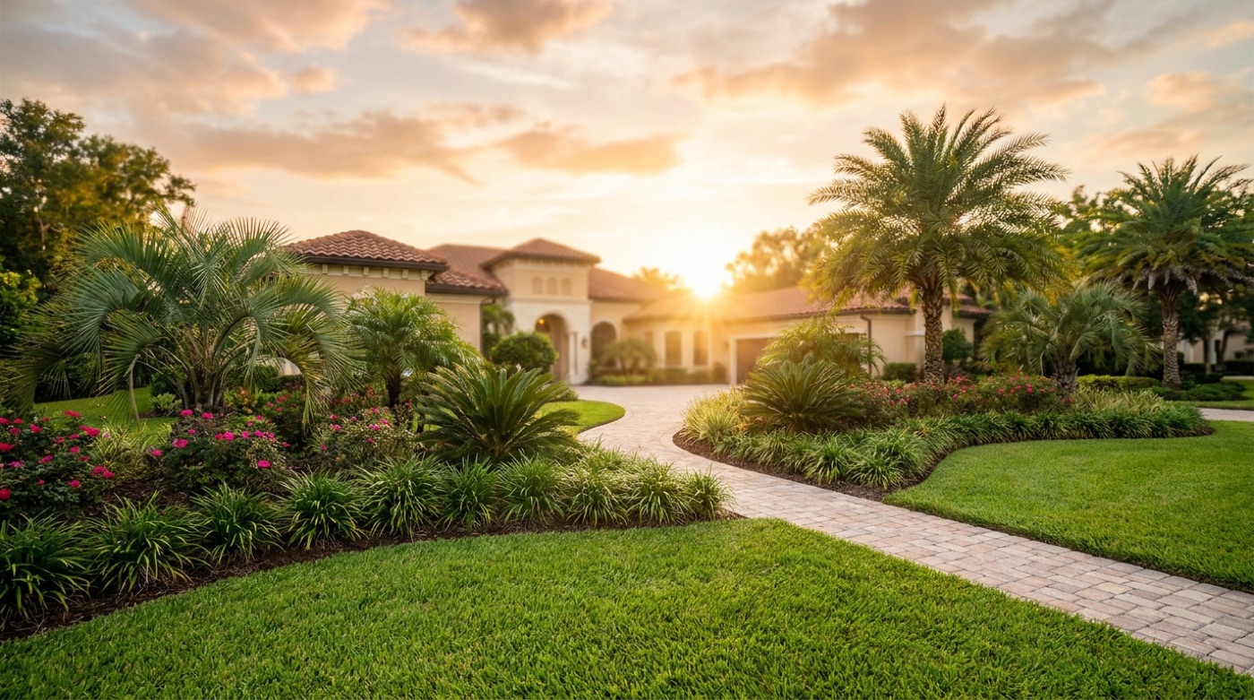 Professionally designed Central Florida landscape with curved paver walkway, palms, and layered Florida-friendly planting beds at golden hour